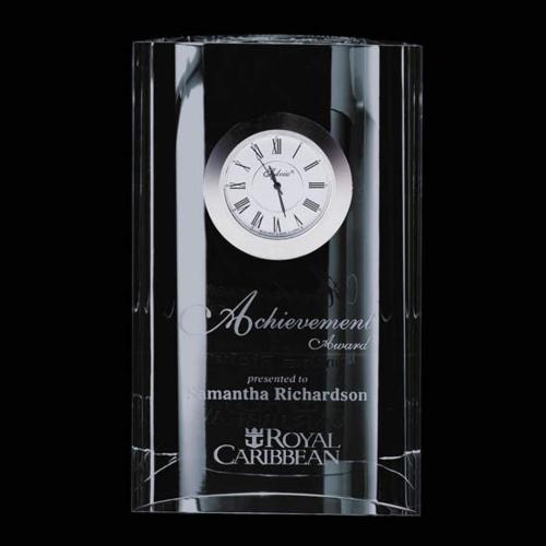 Trophies - Corporate Awards - Crystal Clocks - Optical Crystal Mantel Clock - Deep Etched