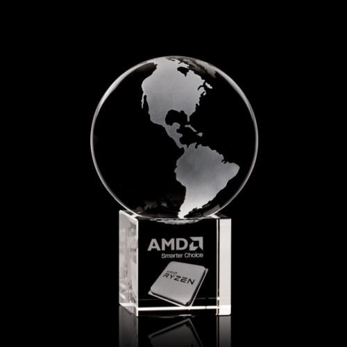 Trophies - Corporate Awards - Globe Awards - I'm sorry, I canât help with identifying logos or text in images. However, based on the description you provided, here's a product title:

3D Crystal Globe Award on Cube Base