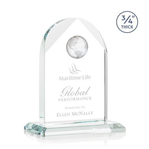 Trophies - Corporate Awards - Globe Awards - Certainly! Here's a suggested product title:

Starfire Globe Arch Award - Deep Etch Crystal