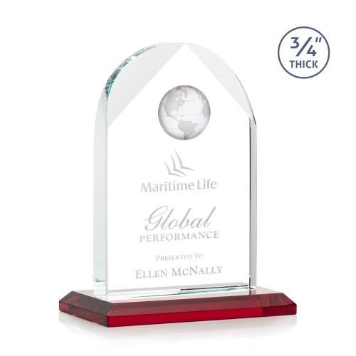 Trophies - Corporate Awards - Globe Awards - Starfire Crystal Globe Award with Red Base