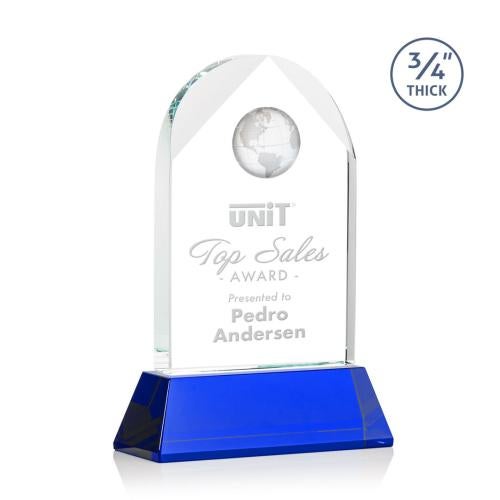 Trophies - Corporate Awards - Globe Awards - Elegant Blake Globe Crystal Award - Blue Base