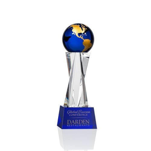 Trophies - Corporate Awards - Globe Awards - Havant Globe Crystal Award with Blue & Gold Accents