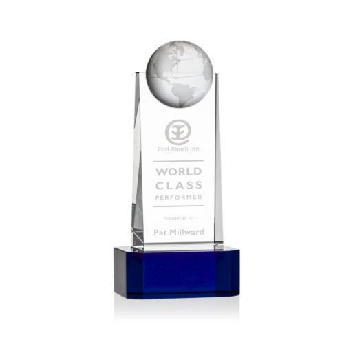 Trophies - Corporate Awards - Globe Awards - Crystal Globe Award on Blue Base