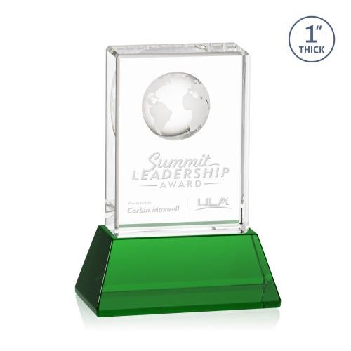 Optical Crystal Globe Award on Green Base Trophies - Corporate Awards - Globe Awards - Optical Crystal Globe Award on Green Base