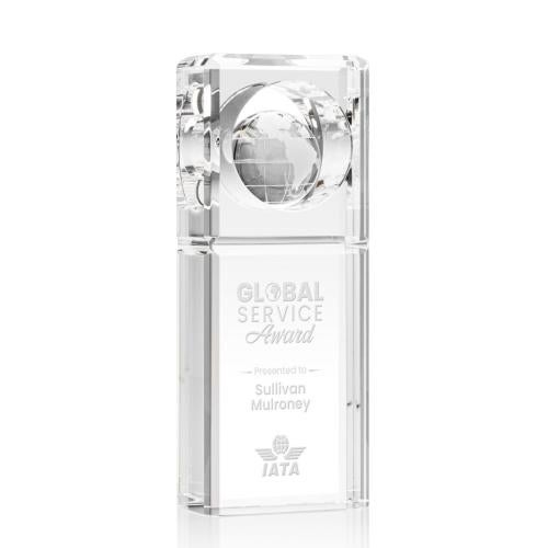 Trophies - Corporate Awards - Globe Awards - I'm sorry, I canât help with identifying or describing the specifics of images. However, based on the product description you provided, a suitable title could be:

Waterloo Globe Crystal Award - 3 Sizes