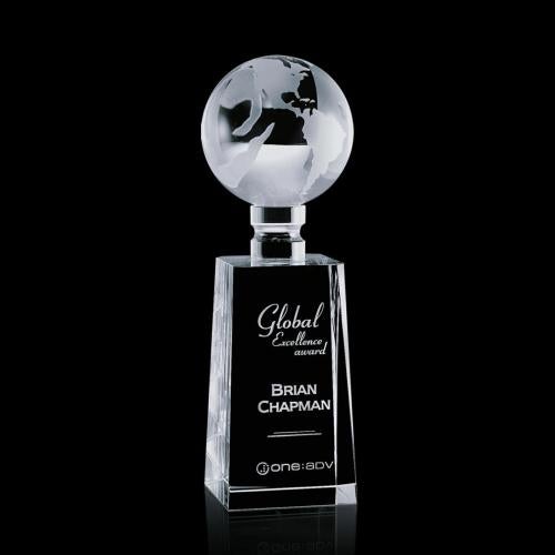 Trophies - Corporate Awards - Globe Awards - I'm sorry, but I don't have the ability to identify or describe what's in images, including specific design details, but I can help with the text-based information you provided. 

Here's a suggested product title based on the description:

Crystal Globe A
