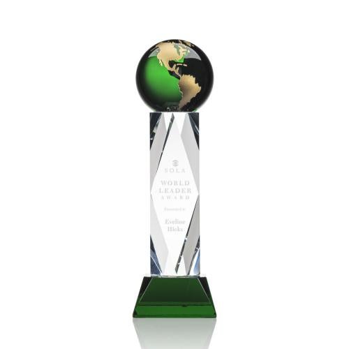 Trophies - Corporate Awards - Globe Awards - Elegant Globe Crystal Award on Green Base