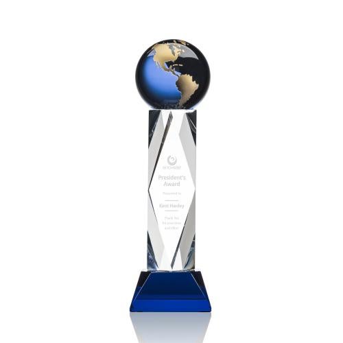 Blue Crystal Globe Award with Gold Accents Trophies - Corporate Awards - Globe Awards - Blue Crystal Globe Award with Gold Accents