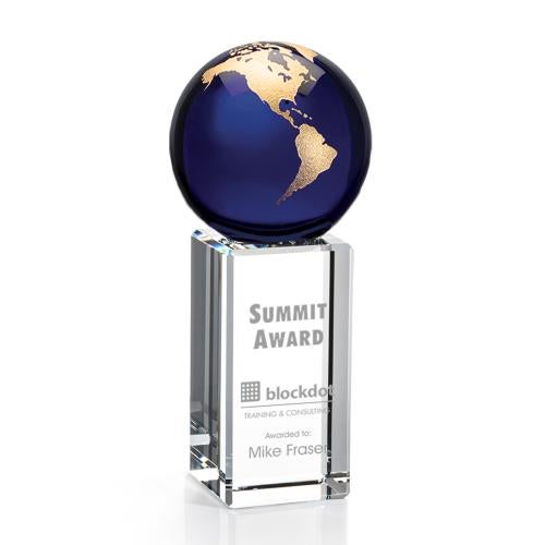 Trophies - Corporate Awards - Globe Awards - Blue/Gold Crystal Globe Award - Customizable