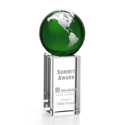 Trophies - Corporate Awards - Globe Awards - Luz Crystal Globe Award - Green/Silver Finish
