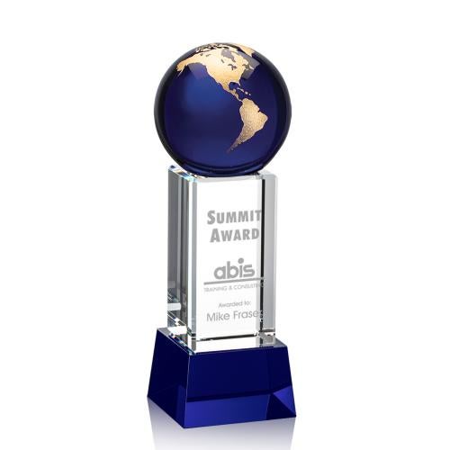 Trophies - Corporate Awards - Globe Awards - Sure! Here's a suggested product title:

Crystal Globe Award with Blue Base