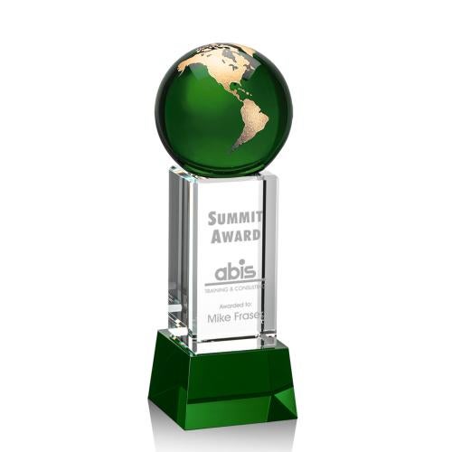 Trophies - Corporate Awards - Globe Awards - Green/Gold Crystal Globe Award on Base