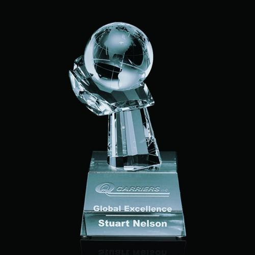 Trophies - Corporate Awards - Globe Awards - Optical Crystal Globe on Hand Award
