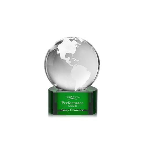 Trophies - Corporate Awards - Globe Awards - Crystal Globe Award on Green Paragon Base