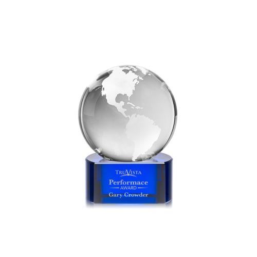Trophies - Corporate Awards - Globe Awards - Crystal Globe Award on Blue Paragon Base