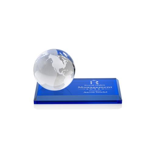 Trophies - Corporate Awards - Globe Awards - Optical Crystal Globe Award on Blue Base