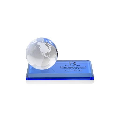 Trophies - Corporate Awards - Globe Awards - Blue Globe Crystal Award on Rectangle Base