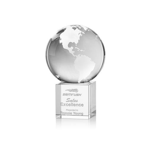 Trophies - Corporate Awards - Globe Awards - Rotating Globe Crystal Award on Granby Base