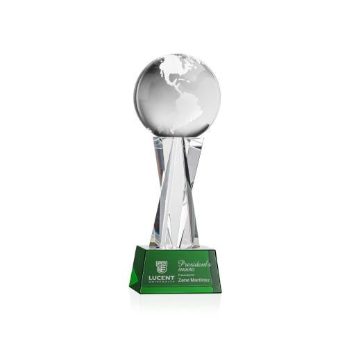 Trophies - Corporate Awards - Globe Awards - Rotating Crystal Globe on Green Base Award