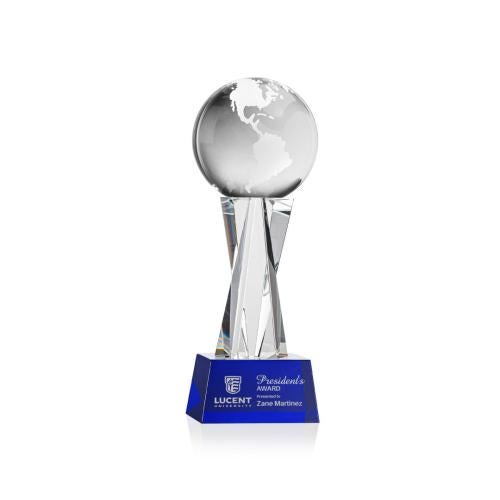 Trophies - Corporate Awards - Globe Awards - Optical Crystal Globe Award on Blue Base
