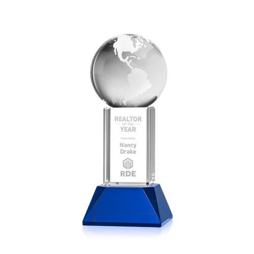 Blue Globe Crystal Award with Stowe Base Trophies - Corporate Awards - Globe Awards - Blue Globe Crystal Award with Stowe Base