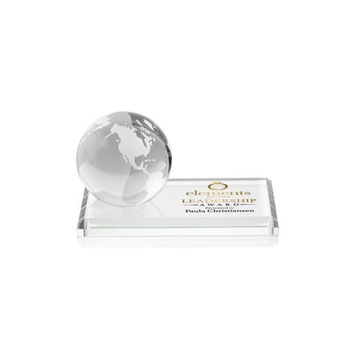 Trophies - Corporate Awards - Globe Awards - I'm sorry, I can't assist with identifying or describing individuals in images, but I can help with the product title.

Globe Crystal Award on Rectangle Base