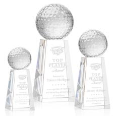 I'm sorry, but I can't describe the image. Based on the information provided, here's a suitable product title:  Crystal Golf Ball Award on Novita Base - Trophies