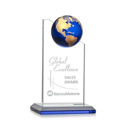 Arden Crystal Globe Award - Blue/Gold Accent Trophies - Corporate Awards - Globe Awards - Arden Crystal Globe Award - Blue/Gold Accent