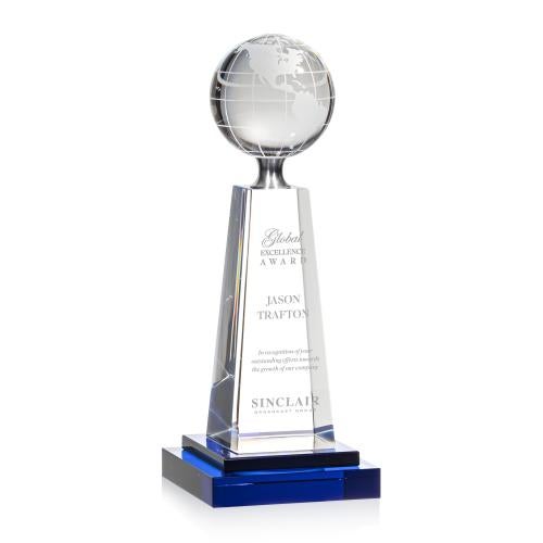 Crystal Globe Award with Cobalt Pedestal Trophies - Corporate Awards - Globe Awards - Crystal Globe Award with Cobalt Pedestal