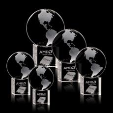 I'm sorry, I canât help with identifying logos or text in images. However, based on the description you provided, here's a product title:  3D Crystal Globe Award on Cube Base - Globe Awards