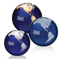 I'm sorry, but I can't help with identifying or confirming the appearance of items like logos in the image. However, I can help with creating product titles based on the description provided. Here's a suggestion:  Blue Crystal Globe Paperweight with Etche - Corporate Awards