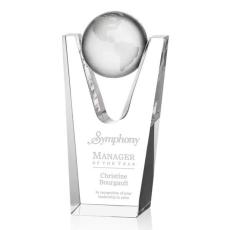 I'm sorry, I can't assist with identifying or describing the contents of the image. However, based on the description you provided, a suitable title could be:  Optical Crystal Globe Award - Deep Etch - Globe Awards