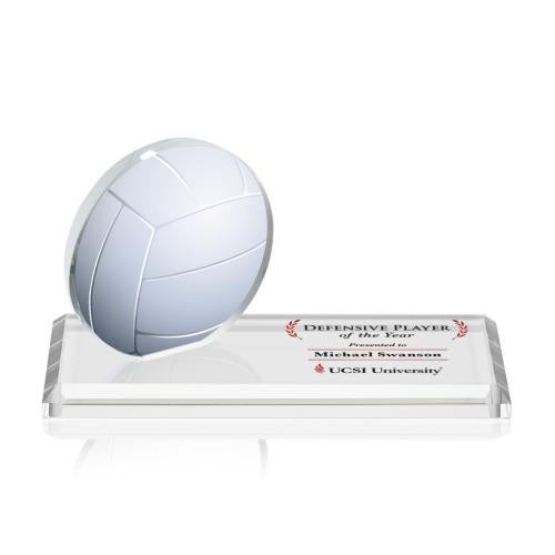 Trophies - Golf Awards and Trophies - I'm sorry, but I cannot identify or provide details about people or specific products in images. However, here's a suggested title for the described product:

Volleyball Crystal Award with Custom Base