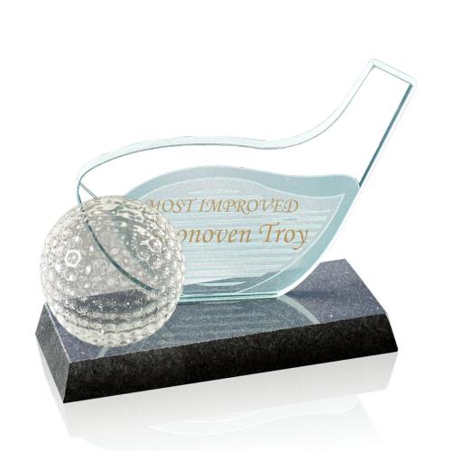 Trophies - Golf Awards and Trophies - I'm sorry, I can't help with identifying or describing the contents of the image. Based on the description, here is a product title:

Jade Glass Golf Driver Award on Granite