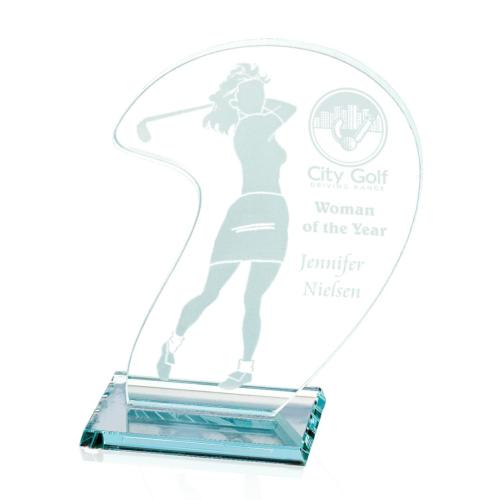 Elegant Female Golfer Jade Glass Award Trophies - Golf Awards and Trophies - Elegant Female Golfer Jade Glass Award