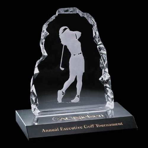 Trophies - Golf Awards and Trophies - ```plaintext
Crystal Golf Award with Female Golfer Etching
```