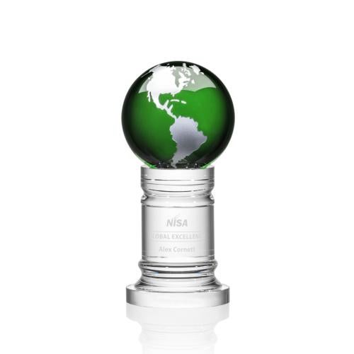 Green Globe Crystal Award with Silver Accents Trophies - Corporate Awards - Globe Awards - Green Globe Crystal Award with Silver Accents