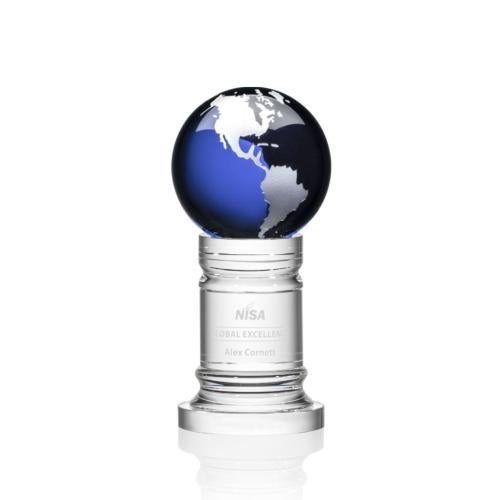 Trophies - Corporate Awards - Globe Awards - Blue Crystal Globe Award on Silver Column
