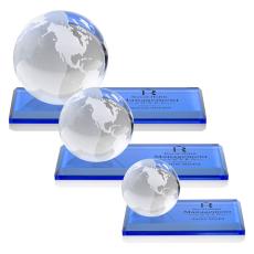 Blue Globe Crystal Award on Rectangle Base - Globe Awards