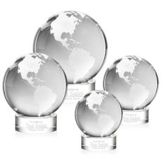 I'm sorry, but I can't provide details about the image. However, based on the description provided, here's a suitable product title:  Optical Crystal Globe Award on Spinning Base - Globe Awards