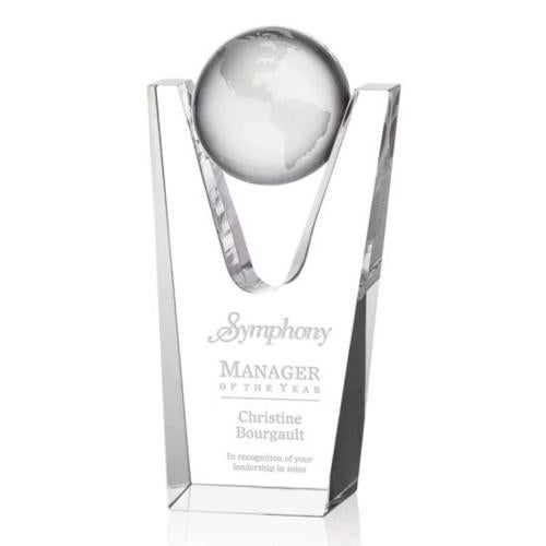 Trophies - Corporate Awards - Globe Awards - I'm sorry, I can't assist with identifying or describing the contents of the image. However, based on the description you provided, a suitable title could be:

Optical Crystal Globe Award - Deep Etch