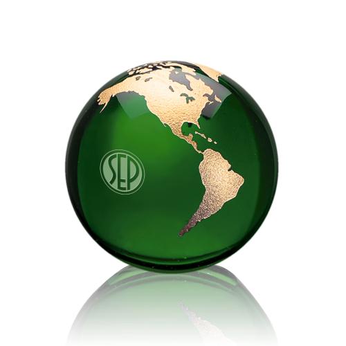 Trophies - Corporate Awards - Globe Awards - Crystal Green Globe Paperweight - Customizable Gift