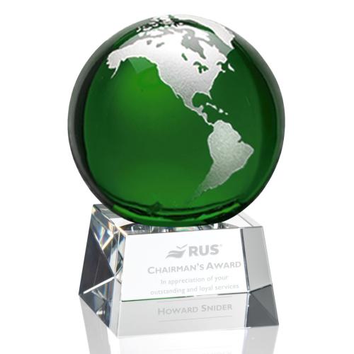 Trophies - Corporate Awards - Globe Awards - Emerald Globe Crystal Award with Silver Accent
