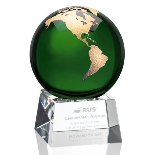 Trophies - Corporate Awards - Globe Awards - Emerald Globe Crystal Award with Silver Accent